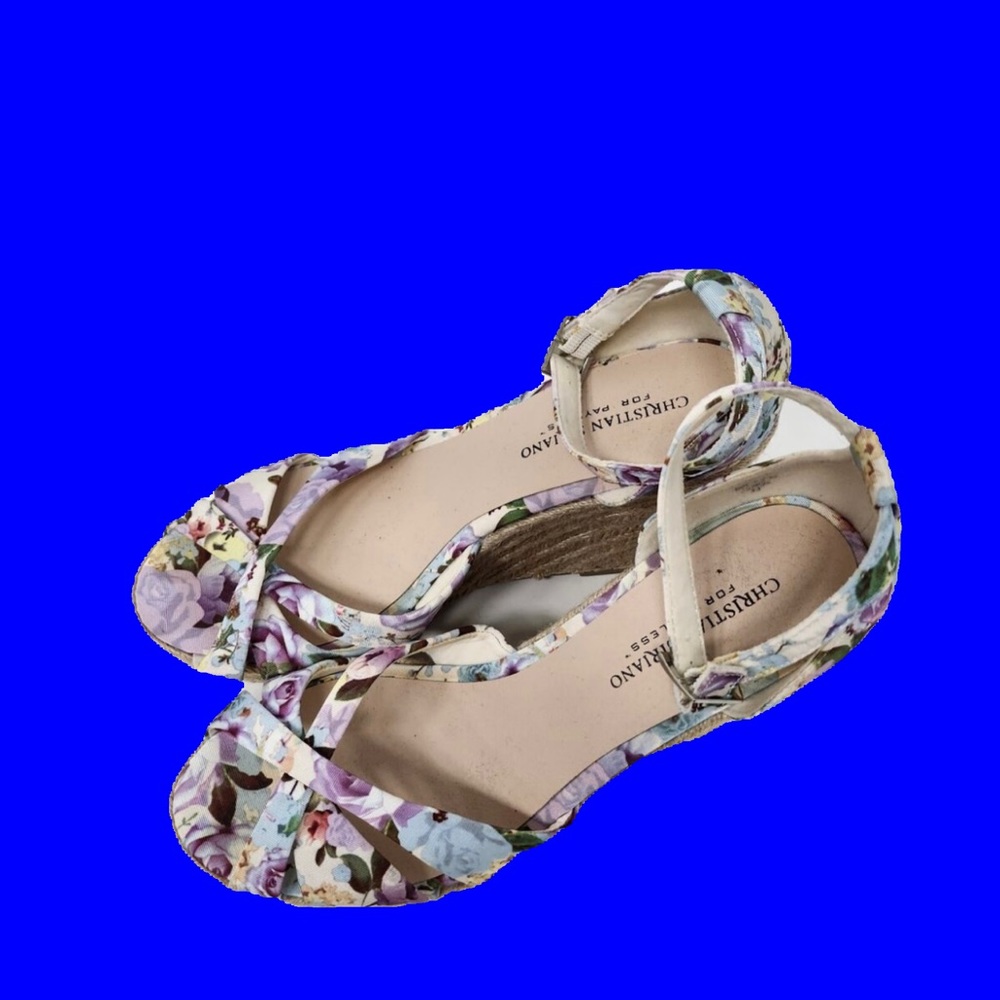 CHRISTIAN SIRIANO BEAUTIFUL FLORAL PURPLE WEDGE SANDALS ANKLE STRAPS SIZE 7.5